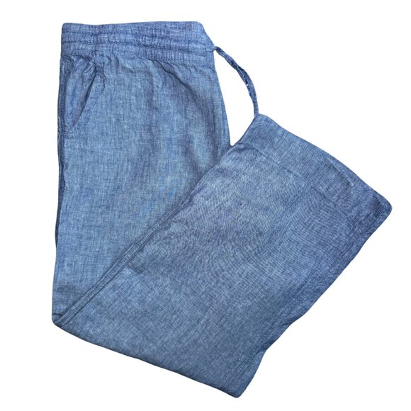 L.L. Bean Pull On Pants Chambray Blue Elastic Waist Draw String Wide Leg Size 18 - Picture 1 of 4